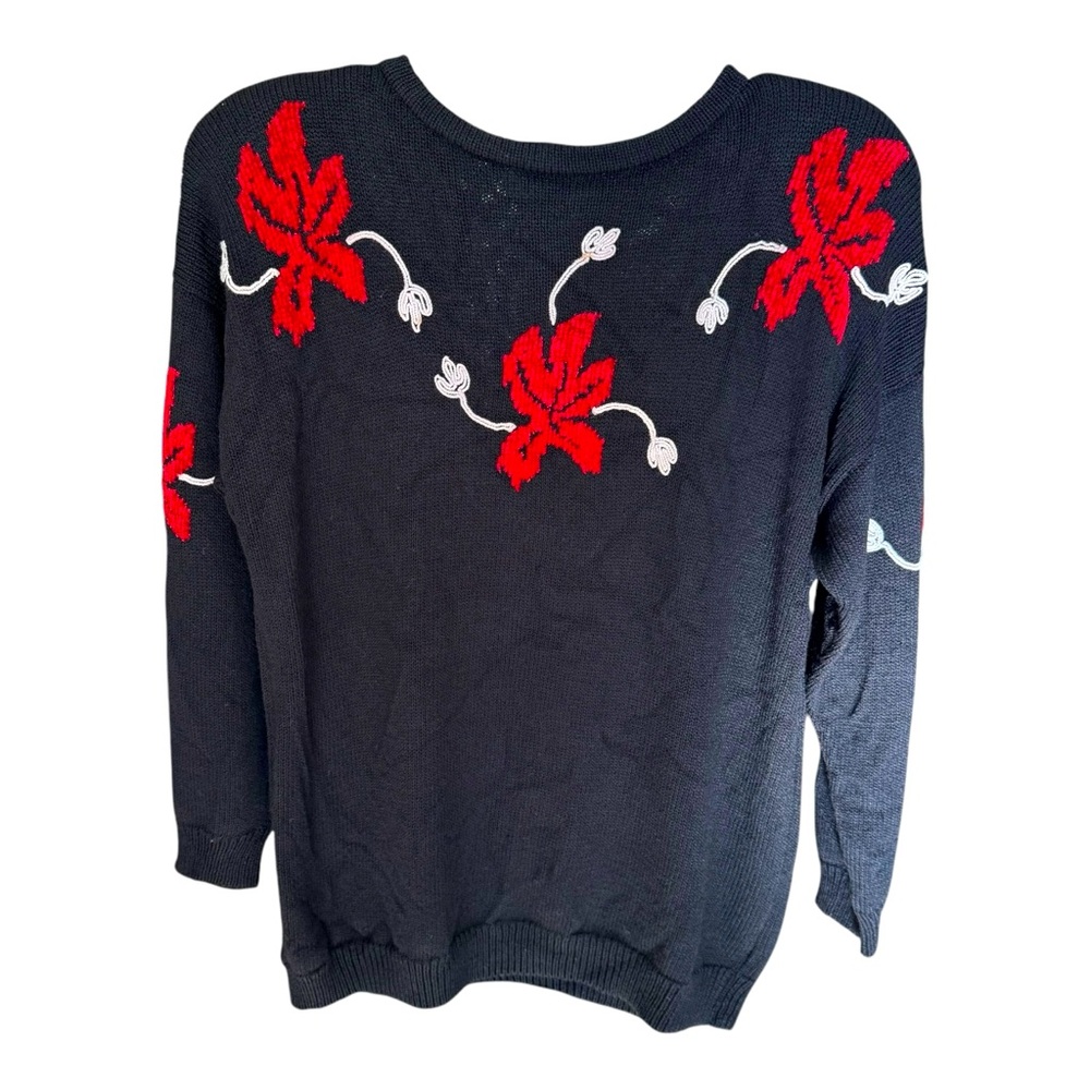 Vintage Ann Caron by Annette Pyes black Sweater M Black Red Floral knittedpadded